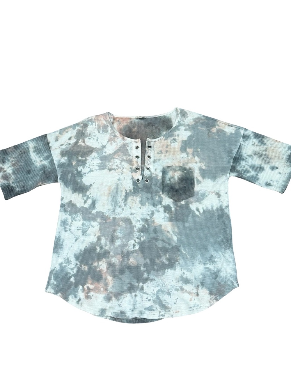 ✨ POL Waffle Knit Henley Top Women's Small Gray White Pink Tie-Dye Shirt
